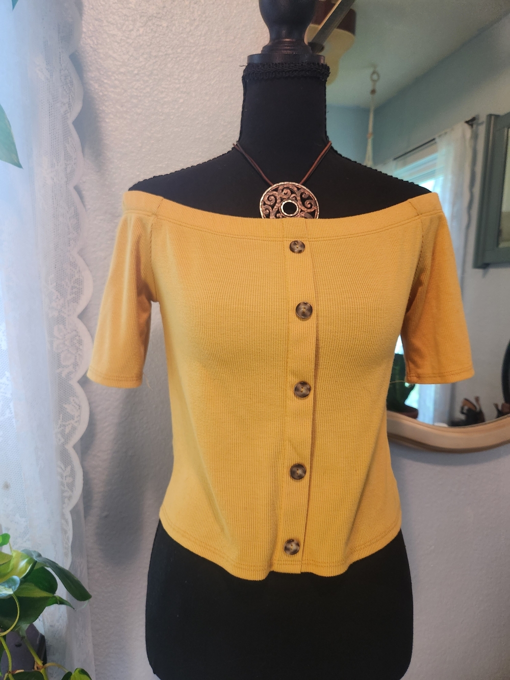 Off-Shoulder Button-Front Crop Top in Mustard Yellow
